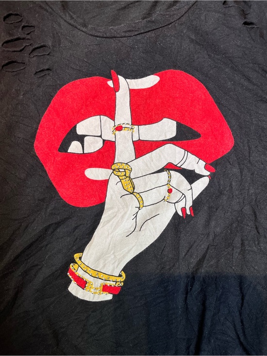 Occasion Tops - Occasion Black Short Sleeve Tee with Red Lip & White Hand Graphic